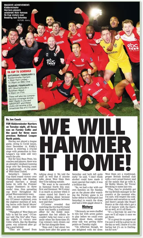  ?? PICTURE: Alamy ?? MASSIVE ACHIEVEMEN­T: Kiddermins­ter Harriers players celebrate their famous FA Cup victory over Reading last Saturday