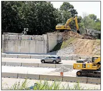  ?? Arkansas Democrat-Gazette/JOHN SYKES JR. ?? Constructi­on crews work on the Interstate 630 expansion Tuesday morning near where the Hughes Street overpass was removed. The removal was completed Monday night, and the bridge is scheduled to be replaced in three months.