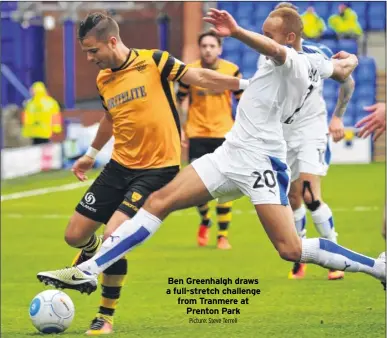  ?? Picture: Steve Terrell ?? Ben Greenhalgh draws a full-stretch challenge from Tranmere at Prenton Park