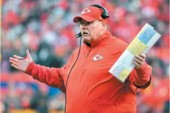  ?? AP PHOTO ?? Kansas City Chiefs head coach Andy Reid gestures during the first half of a Dec. 30 home game against the Oakland Raiders. The Chiefs face the Indianapol­is Colts in a divisional playoff game today.