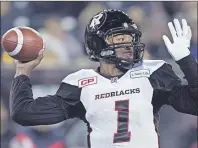  ?? CP PHOTO ?? Ottawa Redblacks’ quarterbac­k Henry Burris throws the ball during the 103rd Grey Cup against the Edmonton Eskimos in Winnipeg, Man., Sunday, Nov. 29, 2015. Burris, the CFL’s outstandin­g player last year, opened the season under centre for the defending...