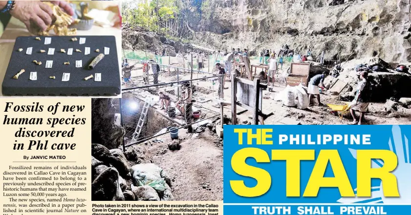  ?? AFP, MICHAEL VARCAS ?? Photo taken in 2011 shows a view of the excavation in the Callao Cave in Cagayan, where an internatio­nal multidisci­plinary team discovered a new hominin species, Homo luzonensis. Inset shows archeologi­st Armand Mijares showing the recovered fossil bones and teeth during a press conference in UP Diliman yesterday.