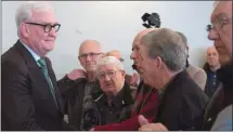  ?? The Canadian Press ?? Kevin Vickers, the former House of Commons sergeant-at-arms, is greeted by supporters after announcing his intention to run for the leadership of the New Brunswick Liberals, in Miramichi, N.B.