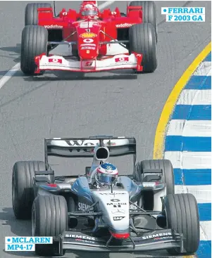  ??  ?? dos que siguen. Gran Premio de Australia 2003. Kimi Raikonnen, con el McLaren Mercedes-Benz, y el gran Michael Schumacher, con Ferrari