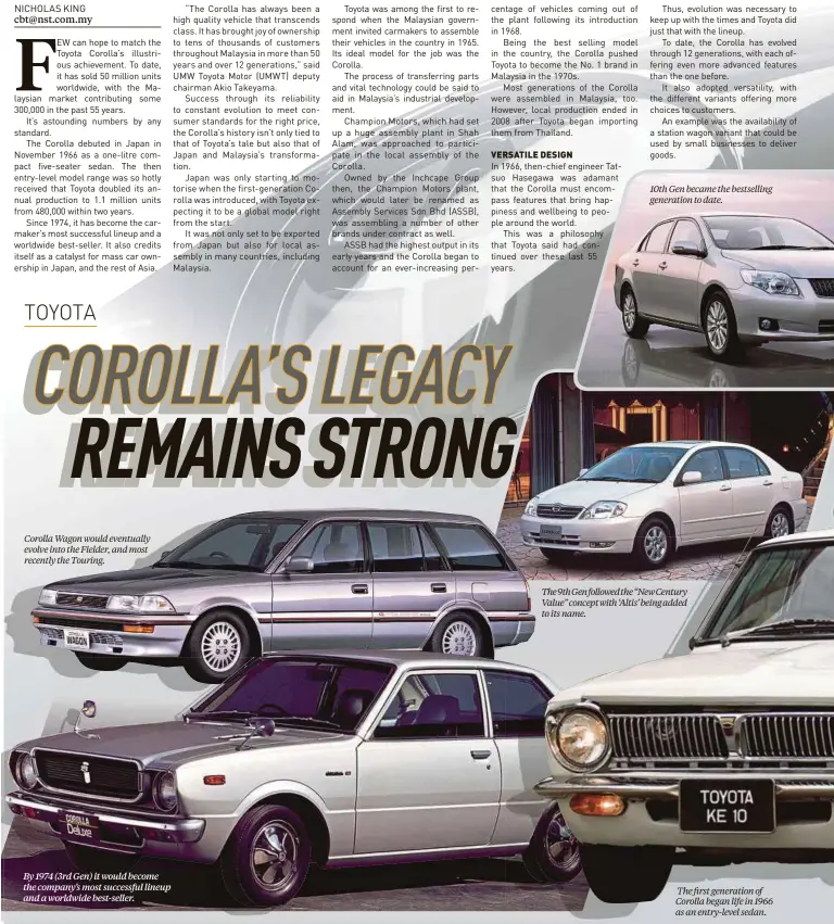  ??  ?? Corolla Wagon would eventually evolve into the Fielder, and most recently the Touring.
By 1974 (3rd Gen) it would become the company’s most successful lineup and a worldwide best-seller.
10th Gen became the bestsellin­g generation to date.
The9thGenf­ollowedthe“NewCentury Value” concept with ‘Altis’ being added to its name.
The first generation of Corolla began life in 1966 as an entry-level sedan.