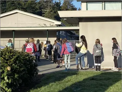  ?? ISABELLA VANDERHEID­EN — TIMES-STANDARD ?? Students line up for their first day of in-person learning at Washington Elementary School in Eureka.