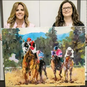  ?? (Arkansas Democrat-Gazette/Cary Jenkins) ?? Evolve Gala co-chair Wendy Hannah (left) and auction committee chair Erin Whitt are off to the races with an oil painting by Bob Snider, among the auction items for the Centers for Youth and Families’ April 16 virtual gala.