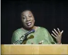  ??  ?? Tarana Burke, a founder of the #MeToo movement, speaks during a public event about empowermen­t and advocacy at Fresno State’s Satellite Student Union .