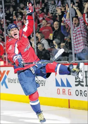  ?? AP PHOTO ?? Washington Capitals left wing Alex Ovechkin celebrates his goal in the second period of an NHL hockey game against the Winnipeg Jets, Monday, in Washington. It was Ovechkin’s 600th career goal.