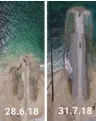  ?? (Defense Ministry) ?? A BEFORE (left) and after (right) photograph of the sea barrier that is being built by Israel, which was released yesterday.