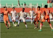  ??  ?? Action during the I- League match between Neroca FC and Shillong Lajong in Imphal on Wednesday. Lajong won 2- 0.