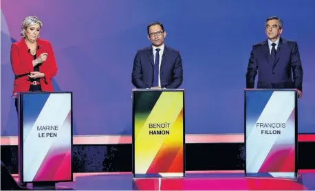 ?? REUTERS ?? Marine Le Pen, Benoit Hamon y Francois Fillon, competirán por la presidenci­a de Francia.