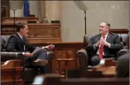  ?? (AP/Wisconsin State Journal/John Hart) ?? Wisconsin state Senate president Roger Roth asks U.S. Secretary of State Mike Pompeo a question Wednesday during a meeting with Republican legislator­s in Madison.