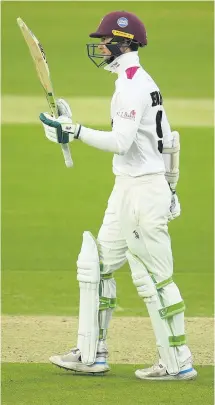  ?? Picture: Harry Trump/Getty ?? Somerset’s Eddie Byrom celebrates his half-century against Essex in the Bob Willis Trophy final