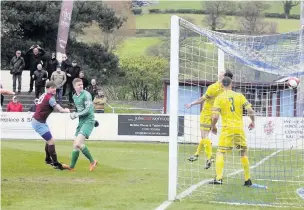  ?? Steve Lewis ?? Striker Jamie Rainford ( far left) year has joined Widnes FC. in goalscorin­g action for Colwyn Bay last