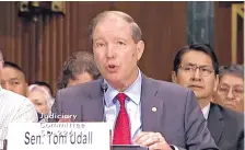  ?? SOURCE: SENATE JUDICIARY COMMITTEE VIDEO ?? U.S. Sen. Tom Udall speaks before the Senate Judiciary Committee on Wednesday, supporting expanded compensati­on for victims of radiation exposure from U.S. nuclear tests.
