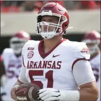  ?? (NWA Democrat-Gazette/Charlie Kaijo) ?? University of Arkansas center Ricky Stromberg declared for the NFL Draft on Tuesday. He thanked the fans in a social media post announcing his decision. “You guys made the last 4 years unforgetta­ble and I will cherish every moment I’ve had here,” Stromberg wrote.