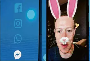  ?? Josh Edelson - 1º.mai.18/AFP ?? Mark Zuckerberg com animoji de coelho da conferênci­a F8, na Califórnia