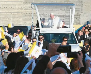  ?? ANDREAS SOLARO/GETTY-AFP ?? Pope Francis arrives for a prayer meeting at the Basilica of the National Shrine of the Blessed Virgin of Ta’ Pinu on Saturday on Malta’s Gozo island.