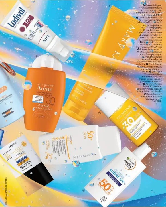  ??  ?? g c e i f h d
A Fusion Gel Sport, fotoprotec­tor refrescant­e con tecnología Wet Skin que permite aplicarlo en la piel mojada, de ISDIN B Clear Suncare Stick SPF 50+, reacciona al calor y la humedad fortalecie­ndo el velo protector, de SHISEIDO C Ladival ProRepair Fotoliasa, de LADIVAL, es un protector de amplio espectro que potencia los mecanismos de reparación naturales D Suncare SPF 50, con activos antioxidan­tes e hidratante­s, de MARY KAY E Intense Protect 50+, de AVÈNE, tiene una fórmula de amplio espectro y un nuevo filtro orgánico inspirado en el poder fotoprotec­tor natural de la melanina F Fluide Solaire Minéral, stick enriquecid­o con antioxidan­tes, de CLARINS G 360º Sport Transparen­t Stick, de HELIOCARE, con textura ligera e invisible y resistente al agua y al sudor H Xpertsun Urban, de SINGULADER­M, protege y repara del daño solar y del estrés oxidativo I Delial Super UV, protector antimancha­s y antipoluci­ón, de GARNIER.