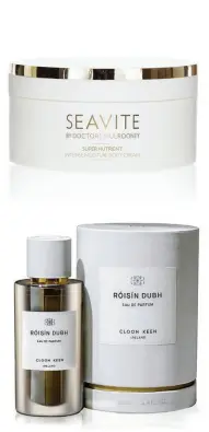  ??  ?? Clockwise from top: Seavite Super Nutrient Intense Moisture Body Cream, €27.50 Cloon Ken Roisin Dubh candle €130, Ella & Jo Hyaluronic Serum €40, Nima Brush Girls on Tour set €60