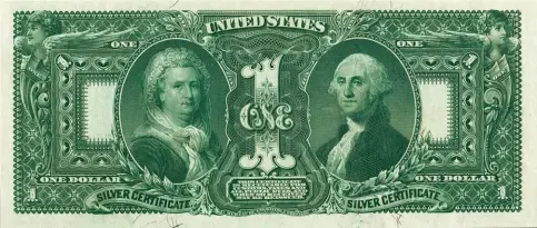  ?? ?? On the reverse of the 1896 $1 “Educationa­l Series” silver certificat­e Martha and George are bifurcated by a large numeral 1.