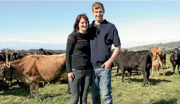  ??  ?? Matt and Sophie Thomas believe that once-a-day milking is better for the environmen­t, better for the cows and better for the operators. A chicory and clover crop will be grown to overcome any feed pinch over summer.