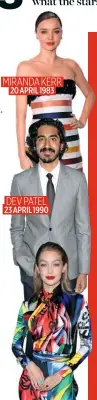  ??  ?? MIRANDA KERR 20 APRIL 1983
DEV PATEL 23 APRIL 1990