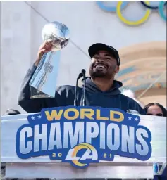  ?? DAVID CRANE — STAFF PHOTOGRAPH­ER ?? Wide receiver Van Jefferson holds the Vince Lombardi Trophy during the Rams' celebratio­n of their Super Bowl victory in 2022at the Los Angeles Coliseum.