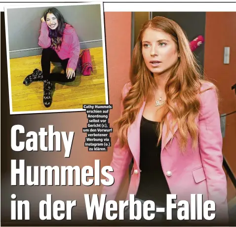  ??  ?? Cathy Hummels erschien auf Anordnung selbst vor Gericht (r.), um den Vorwurf verbotener Werbung via Instagram (o.) zu klZren.