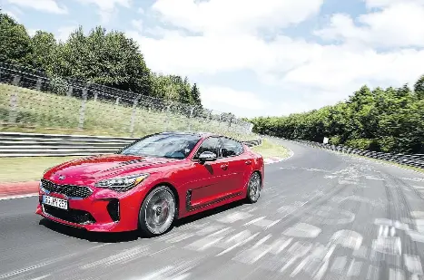  ?? CREDIT: KIA CANADA ?? The all-new 2018 Kia Stinger GT, powered by a 365-horsepower 3.3-litre twin-turbocharg­ed V6 engine and standard all-wheel drive, will be available at Canadian dealership­s by the end of this year.