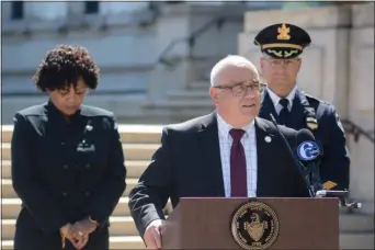  ?? TRENTONIAN FILE PHOTO ?? Trenton Mayor Reed Gusciora speaks Wednesday at the city’s annual wreath-laying ceremony in front of City Hall at the Police Memorial.