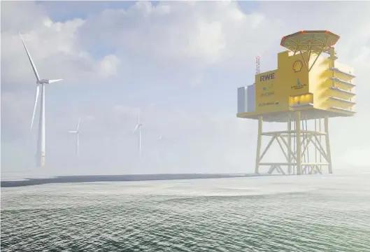 ?? Visualisie­rung: AquaVentus/dpa ?? Die Visualisie­rung zeigt einen Offshore-Windpark, wie ihn „Aquaventus“in der Nordsee plant.