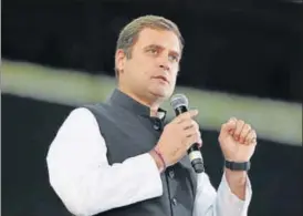  ?? HT ?? Congress president Rahul Gandhi addresses a public meeting at the Dubai Internatio­nal Cricket Stadium during his tour to the United Arab Emirates.