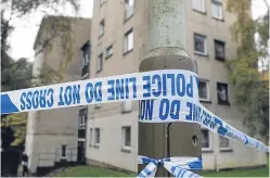  ??  ?? Police set up a cordon around the flats on Nursery Road following the death on Friday night.