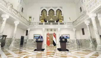  ?? ?? President Recep Tayyip Erdoğan and Egyptian President Abdel-Fattah el-Sissi (R) address the conference in Cairo, Egypt, Feb. 16, 2024.