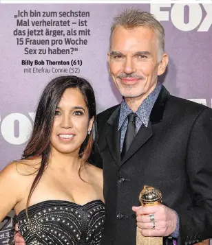  ??  ?? Billy Bob mit Ehefrau Connie Angland als Grewinner bei den Golden Globes 2015 in L. A.