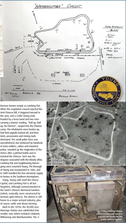  ??  ?? The circuit from the air, year unknown. The 270kg Coventry Climax powered generator used to provide electricit­y for the public address system.