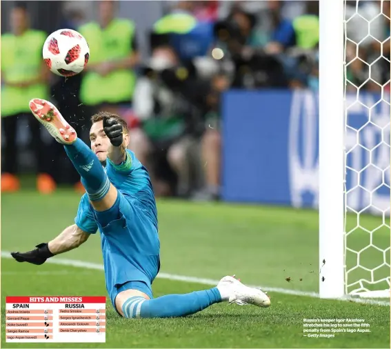  ?? Getty Images ?? Russia’s keeper Igor Akinfeev stretches his leg to save the fifth penalty from Spain’s Iago Aspas. —