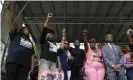  ?? Photograph: Mary Altaffer/AP ?? The Rev Al Sharpton, right, joined by mothers of those killed by police or vigilantes: Oscar Grant’s mother, Wanda Johnson, left; Ramarley Graham’s mother, Constance Malcolm, second from left; Michael Brown’s mother, Leslie McSpadden, third from left; Trayvon Martin’s mother, Sybrina Fulton, third from right; and Eric Garner’s mother, Gwen Carr, during a rally in New York in 2015.