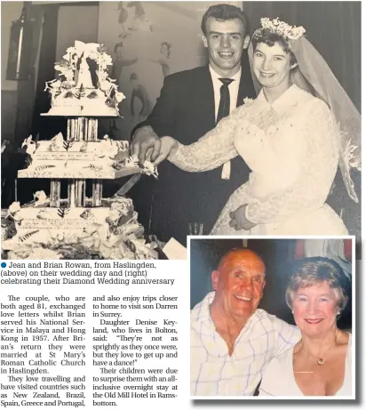  ??  ?? Jean and Brian Rowan, from Haslingden, (above) on their wedding day and (right) celebratin­g their Diamond Wedding anniversar­y