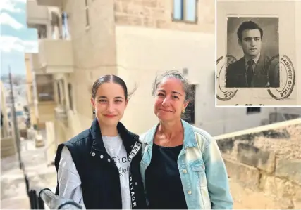  ?? ?? Linda Coppini Foot pictured with her daughter outside the Cospicua flats where Charles Coppini was born. PHOTO: Chris Sant Fournier. Inset: Linda’s grandmothe­r’s travel documents allowing her access to Australia as a migrant. PHOTO: LINDA COPPINI FOOT