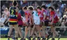  ??  ?? Clara Fitzpatric­k of St Kilda Saints is carried off with concussion during the 2020 AFLW match against Adelaide Crows at Richmond Oval in February. Photograph: Matt Turner/AFL Photos via Getty Images