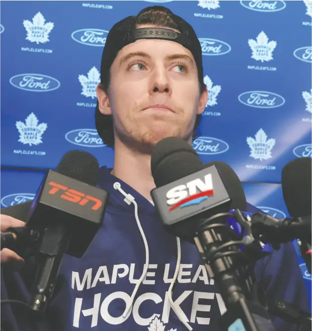  ?? CHRIS YOUNG / THE CANADIAN PRESS ?? Toronto Maple Leafs’ Mitch Marner speaks to the media on May 6 after his team’s season-ending loss to Boston in the Stanley Cup playoffs.