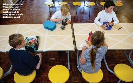  ?? Picture: PA ?? Primary pupils in Worcester eat lunch at tables marked out to keep them a safe distance apart
