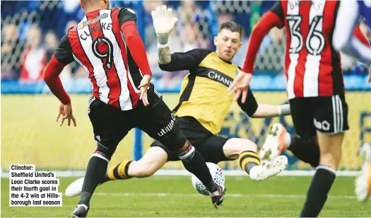  ??  ?? Clincher: Sheffield United’s Leon Clarke scores their fourth goal in the 4-2 win at Hillsborou­gh last season