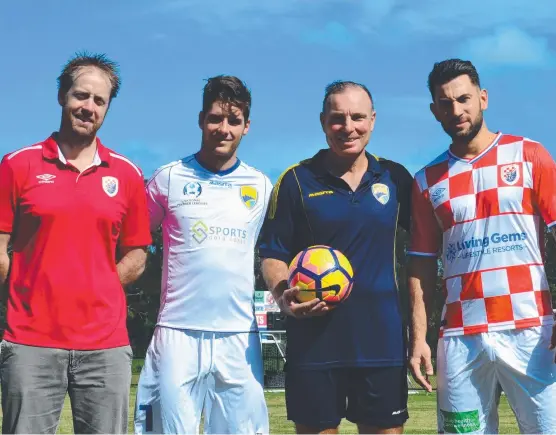  ??  ?? Grae Piddick (Knights coach), Acim Tomic, Sean Lane (both Gold Coast United) and Andrew Barisic (Knights) prepare for tonight’s slice of history.