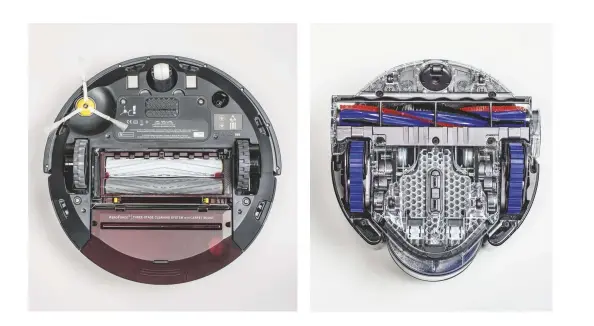  ??  ?? Alle testkandid­aten hebben een borstelmod­ule aan de onderkant, die het vuil vastgrijpt en dan naar binnen zuigt. Roomba (links) gebruikt rubber rollers. Dyson (rechts) en de andere robots combineren borstels met lamellen.