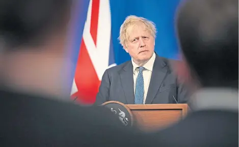  ?? ?? Boris Johnson addresses a press conference following the publicatio­n of Sue Gray’s report into parties at No 10.