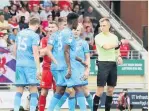  ??  ?? Rohan Ince is sent off by Michael Salisbury